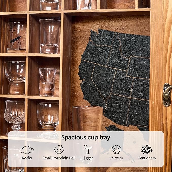 Large Map Shot Glass Display Case 60 Slots with Door, 34 x 26''Rustic Brown Wood Holder for 2 Different Size Shot Glasses (US Map-with Acrylic Glass Door, Pedestal)