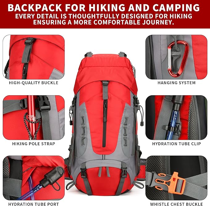75L Hiking Backpack with Rain Cover Waterproof Camping Backpack Shoes Warehouse for Men Women, Frameless