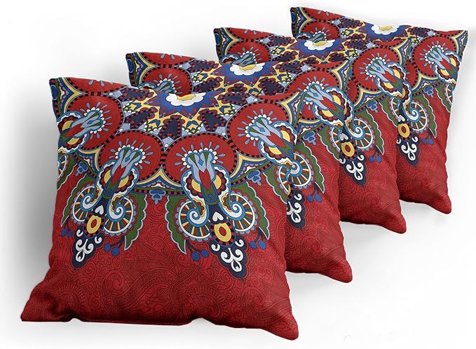 Ambesonne Mandala Throw Pillow Cushion Case Pack of 4, Color Jumble of Lace Like Flowers Leaves Swirls Vintage Illustration Folk Themed, Modern Accent Double-Sided Digital Printing, 20", Red