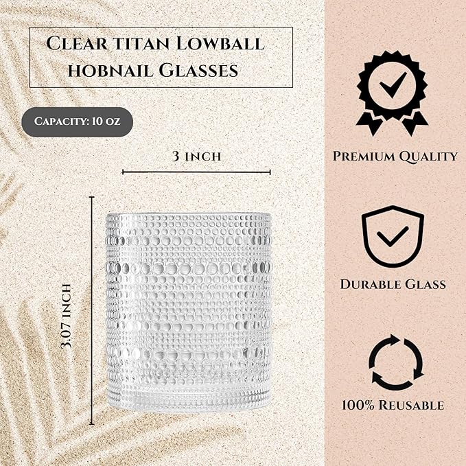 Plastic Hobnail Drinking Glasses Set of 6 Tritan Lowball Cups 14oz, Shatterproof & Unbreakable Acrylic Beaded Design, BPA-Free, Dishwasher Safe Indoor/Outdoor Drinkware for Water, Juice, Cocktails
