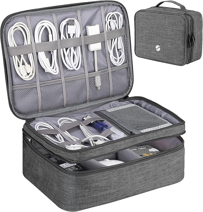 ORIENT FAMULAY Travel Organizer, Waterproof Cable Bag for Electronic Accessories Double Layer Large Shockproof Storage Bag for Cord, Hard Disk, Power Bank, Tablet -Gray