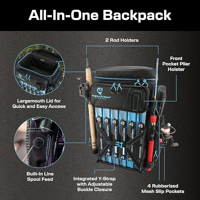 Evolution Fishing Drift Series Tackle Backpack, Outdoor Rucksack w/ 6 Fishing Tackle Trays, Heavy Duty