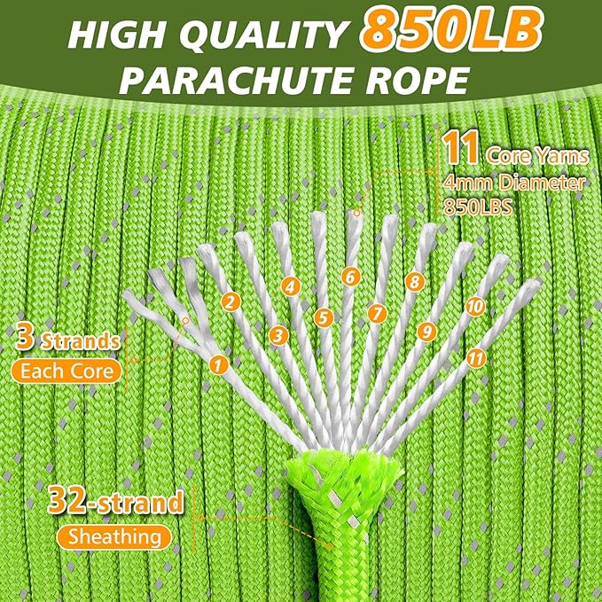 Reflective Paracord Rope 850Ib, 50/100/200/500/1000ft 4MM 11 Strand Parachute Spool Cords, Paracord Lanyard String for Tent, Camping, Hiking, Fishing, Survival Bracelet, Neon Green 500FT