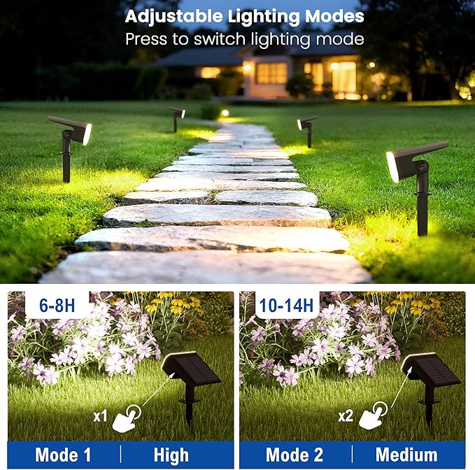 Solar Lights Outdoor Waterproof IP65, Super Bright LED, Cool Light 2 Lighting Modes Selectable, Solar Powered Yard Garden Solar Spot Lights for Outside Landscape Auto On/Off -2 Pack