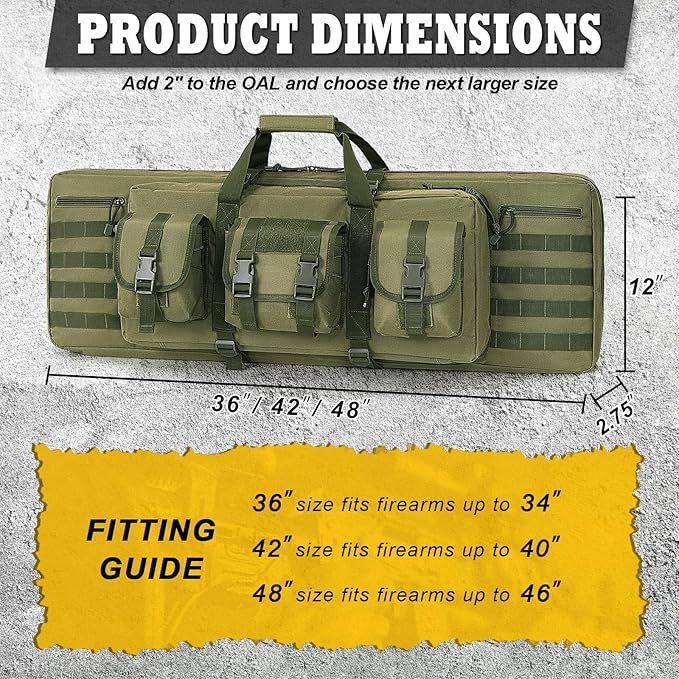 DULCE DOM 36 42 48 Inch Double Rifle Case, Tactical Soft Padded Backpack for Hunting & Shooting Range, Heavy-Duty Storage Gun Bag for 2 Rifles & Pistols with Lockable Zippers & MOLLE System