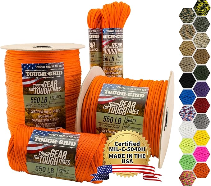TOUGH-GRID 550 Paracord, Type III Mil-Spec Nylon Rope - 500 Ft Neon Orange Tactical Survival Cord