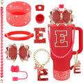 9PCS Red for Stanley Cup Accessories Set Bling Initials Bow Charms for Stanley Decorations 30/40 Oz Tumbler Accessories Including Bow Straw Topper, Handle Strap, Spill Stopper（Letter E）