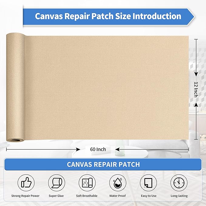 KING MOUNTAIN Canvas Repair Tape,Outdoor Gear Patch, 12×60 Inches,Waterproof,Self-Adhesive for Repairing Boat Covers,Sun Shades,Sofas,Tents,Lounge Chairs,Awnings (Khaki)
