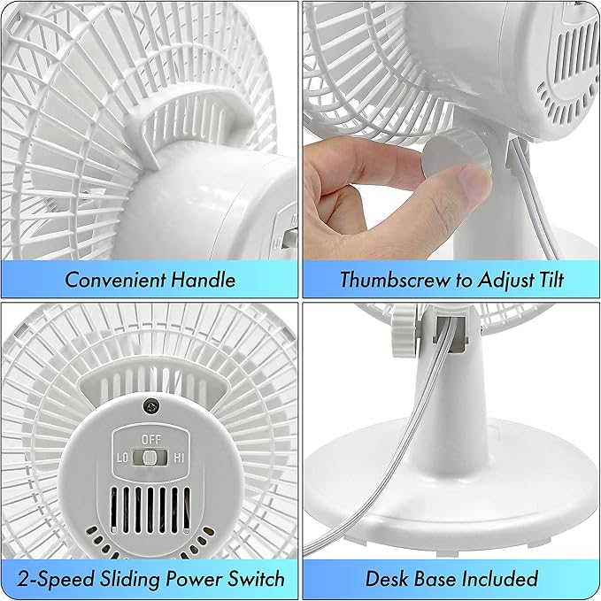 Comfort Zone CZ6D 6" Quiet Portable Indoor 2-Speed Desk Fan with Clip and Fully Adjustable Tilt in White