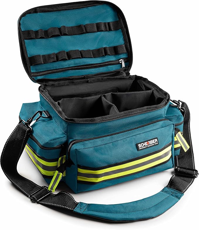 Scherber First Responder Fully-Stocked Professional Essentials EMT/EMS Trauma Kit | HSA/FSA Approved | Reflective Bag w/8 Zippered Pockets & Compartments & 200+ First Aid Supplies - Blue