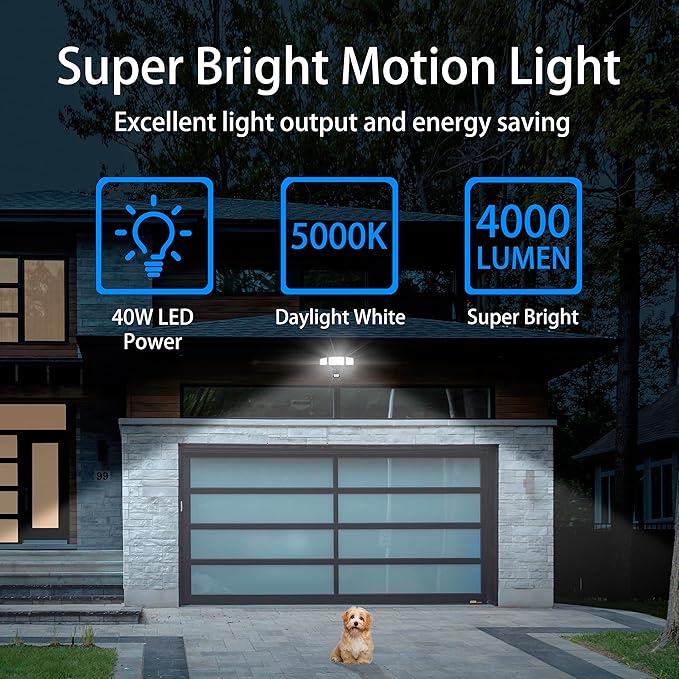40W LED Security Lights Motion Sensor Light Outdoor, 180 Degree, 4000LM, 5000K, ETL Water Resistant, 3 Head Motion Detected Flood Light for Garage, Yard, Porch