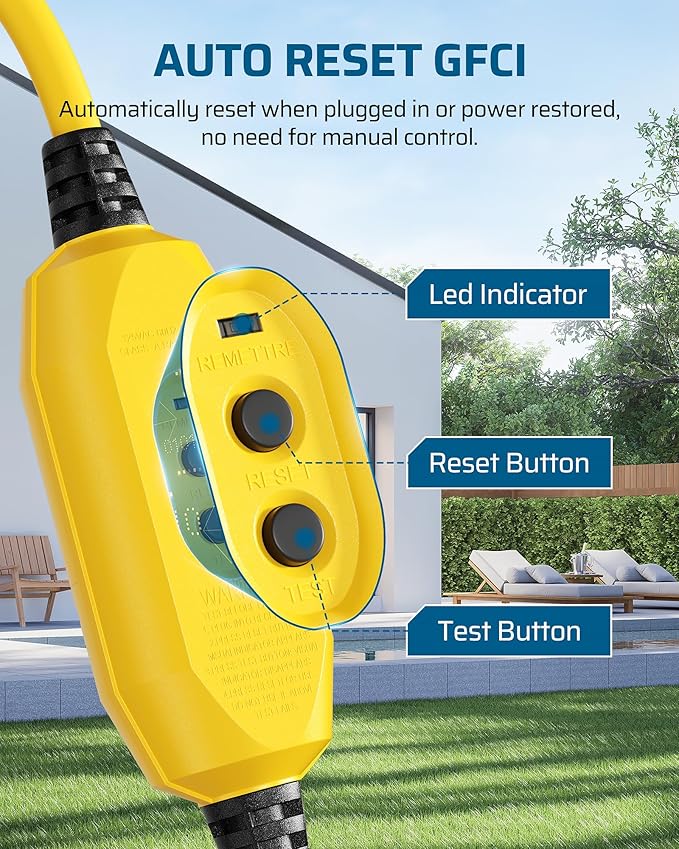 DEWENWILS 3FT GFCI Extension Cord Outdoor, 12/3 AWG SJTW Heavy Duty Power Cable, LED Lighted 3 Prong GFCI Plug for Pool Pump Multiple Appliances, Automatic Reset, Yellow, UL Listed, 2 Pack
