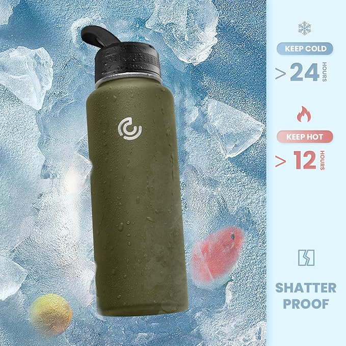 COKTIK 40oz Sports Water Bottle, Stainless Steel Water Bottle for Insulated, Reusable Travel Bottle, With Straw, With Handle Grip for Easy Carrying, Suitable for Cycling, Outdoor Vacations(Army Green)
