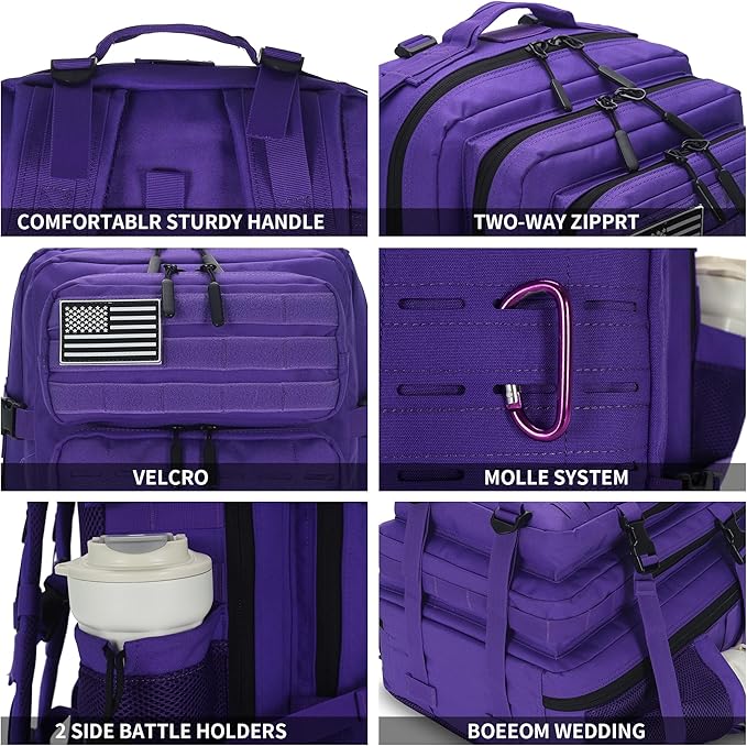 Sparklekle Military Tactical Backpack 45L 3 Day Assault Pack Waterproof Molle Hiking Rucksack for Men&Women (Purple)
