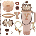 9PCS Brown for Stanley Cup Accessories Set Bling Initials Bow Charms for Stanley Decorations 30/40 Oz Tumbler Accessories Including Bow Straw Topper, Handle Strap, Spill Stopper（Letter Y）