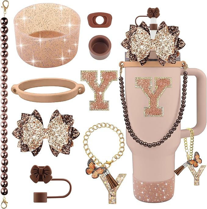 9PCS Brown for Stanley Cup Accessories Set Bling Initials Bow Charms for Stanley Decorations 30/40 Oz Tumbler Accessories Including Bow Straw Topper, Handle Strap, Spill Stopper（Letter Y）