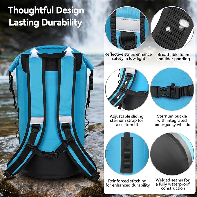 MARCHWAY Floating Roll Top Dry Bag, Flexible Lightweight TPU Waterproof Backpack 20L/30L/40L with Padded Straps for Boating, Kayaking, Swimming, Hiking, Beach (Blue, 40L)