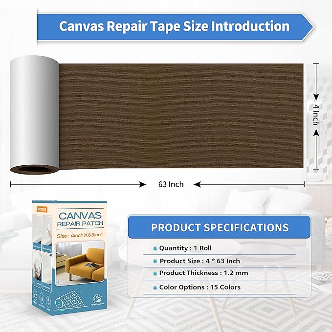 KING MOUNTAIN Canvas Repair Tape,Outdoor Gear Patch, 4×63 Inches,Waterproof,Self-Adhesive for Repairing Boat Covers,Sun Shades,Sofas,Tents,Lounge Chairs,Awnings (Dark Brown)