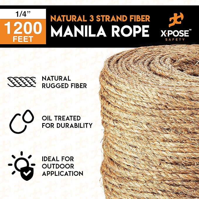 Manila Rope - 1/4 Inch 1200' - 3 Strand Cordage Twisted Braided Rope - Thick Natural Fiber for Nautical, Marine, Decorative for Crafts, Porch Column, Outdoor Pole Wrap, Tree Swing