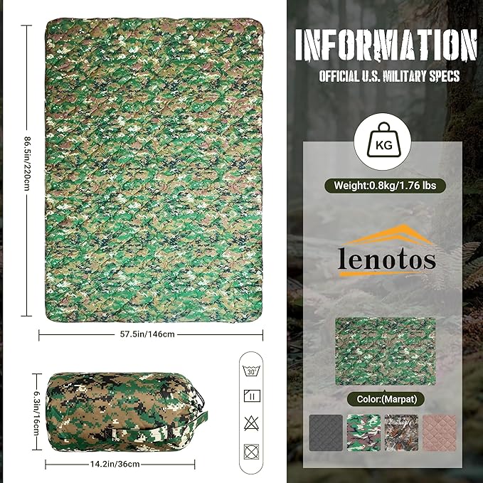 Lenotos Woobie Blanket, Thermal Insulated Military Poncho Liner, Water-Resistant, Portable, Insulation, for Hiking, Survival with Compression Carry Bag (Marpat)