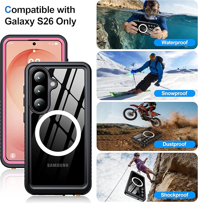 ANTSHARE for Samsung Galaxy S26 Case Waterproof, Built-in Lens & Screen Protector, [Compatible with MagSafe] Shockproof Dropproof Dustproof Full Body Phone Case for S26 6.3"-Pink/Clear