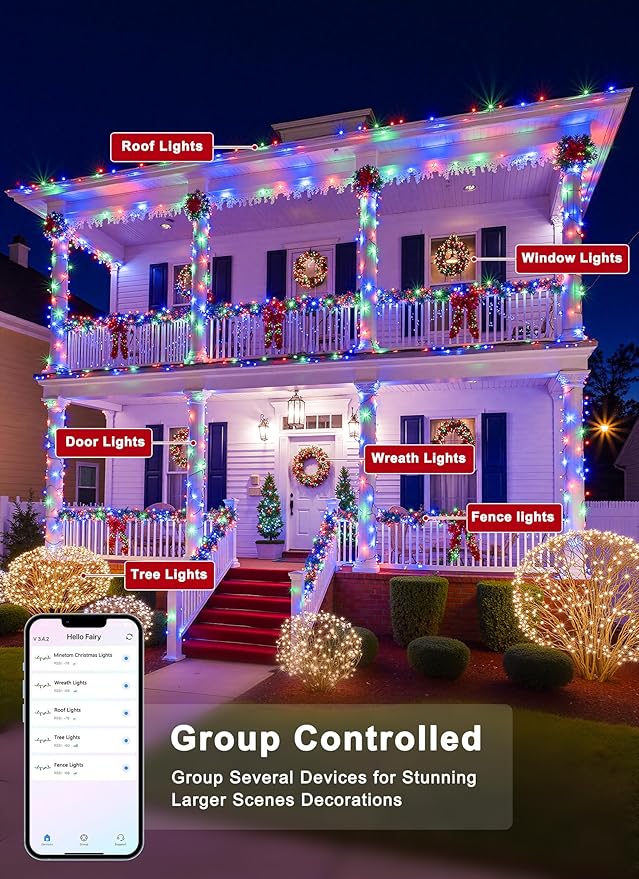 Minetom LED Color Changing Smart RGB Christmas Tree Lights, 198ft 600LED String Lights, 16 Milion Adjustable Colors Fairy Lights with Remote & Timer & Memory Function for Xmas Tree Holiday Party