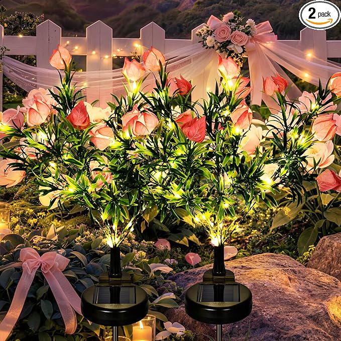 GIGALUMI Solar Garden Lights with Gardenias, 2Pack LED Garden Decor Carefree Solar Flowers Outdoor Waterproof, Yard Decorations Outdoor, Allergy-Free Light up Flowers for Yard Patio (2 Pink)