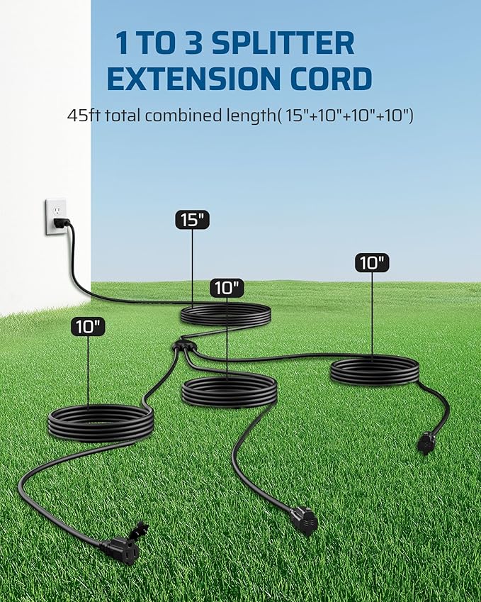 DEWENWILS Outdoor Extension Cord Multiple Outlets 45ft, Evenly Spaced 3 Outlets Plugs with Safety Cover, 16/3 SJTW Weatherproof Wire for Lights Holiday Decorations