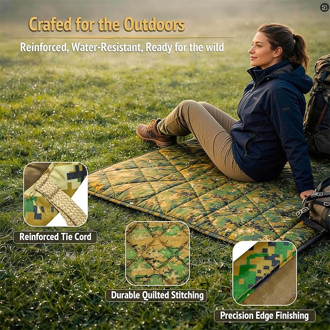 Insulated Camping Blanket | Military Poncho Liner for Hiking Backpacking Travel Hunting & Survival Gear, Water Resistant Outdoor Blanket with Lightweight & Packable Compression Bag (Camo)