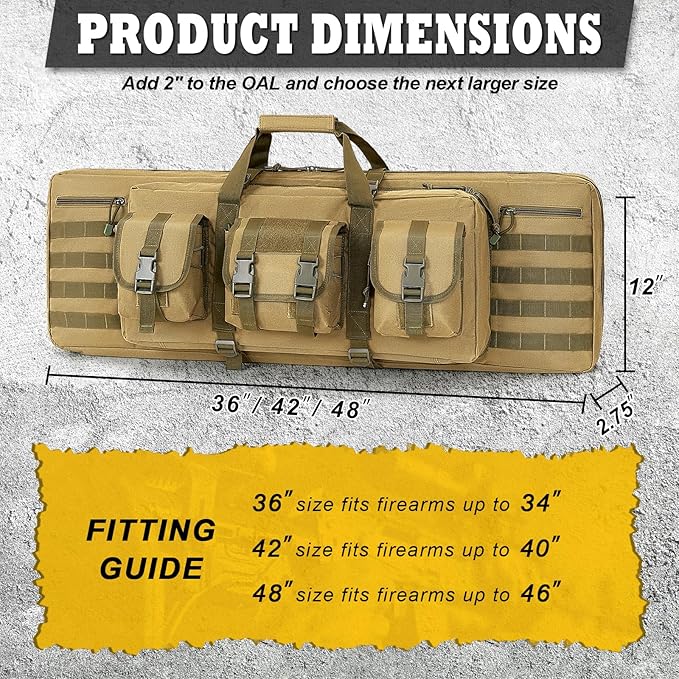 DULCE DOM 36 42 48 Inch Double Rifle Case, Tactical Soft Padded Backpack for Hunting & Shooting Range, Heavy-Duty Storage Gun Bag for 2 Rifles & Pistols with Lockable Zippers & MOLLE System