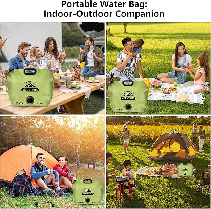 8L Collapsible Water Bag BPA-Free Foldable Water Container Leakproof Portable Water Jug Emergency Water Storage Carrier for Camping Hiking Backpacking RV Travel Fishing Outdoor Survival Gear Green
