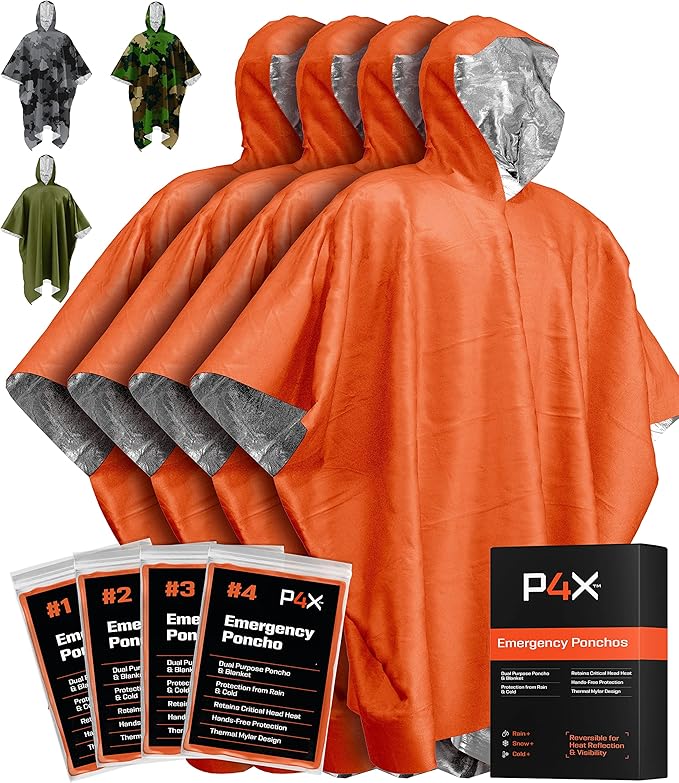 PREPARED4X Emergency Mylar Poncho – Survival Rain Poncho with Hood – Lightweight, Compact, Reusable Emergency Blanket Poncho for Hiking, Camping, Thermal Gear, Car Kit, Outdoors