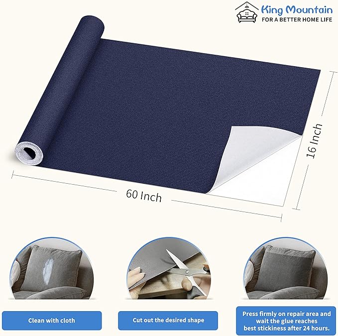 KING MOUNTAIN Canvas Repair Patch 16×60 Inch Self-Adhesive Waterproof Fabric Patch for Sofas, Tents, Furniture,Tote Bags, Car Seats (Dark Blue)