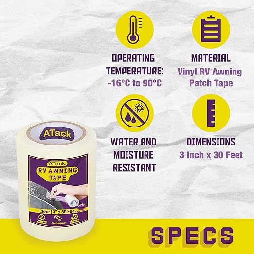 ATack RV Awning Repair Tape, 3" x 30 Foot, Waterproof Rip Stop Patch and Tent Repair Tape for Vinyl, RV punctures, Camper, Awning, Canopy, Tents, Tarpaulin and Greenhouse