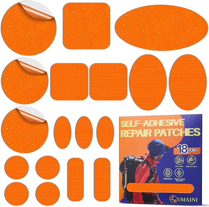 Down Jacket Repair Patch Kit, Outdoor Gear Tenacious Repair Tape, Self Adhesive Fabric Patches for Clothes, Waterproof Ripstop Nylon Fabric Patch for Puffer Jacket, Coat, Tent (18 Pcs, Orange)