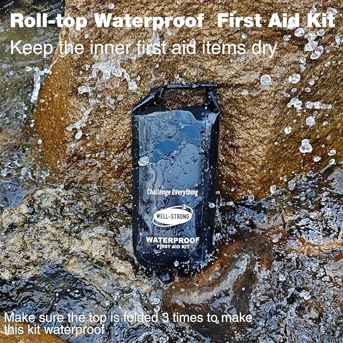 Boat First Aid Kit Waterproof, WELL-STRONG Marine Emergency Kit with Roll Top Dry Bag for Boating Fishing Kayaking – Water-Resistant Contents for Camping & Beach（Black）