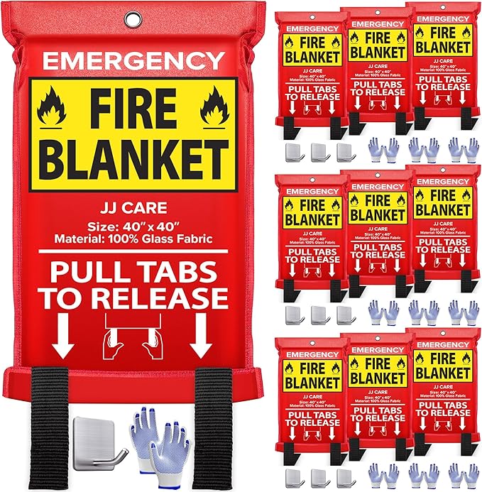 JJ CARE Fire Blanket – 10 Packs with Hooks and Gloves – 40” x 40” Fire Blankets Emergency for Home and Kitchen, High Heat Resistant and Flame Protection for Kitchen, Car, Office, Camping & Home Safety