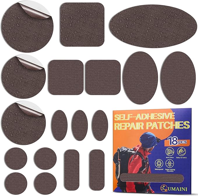 Down Jacket Repair Patch Kit, Outdoor Gear Tenacious Repair Tape, Self Adhesive Fabric Patches for Clothes, Waterproof Ripstop Nylon Fabric Patch for Puffer Jacket, Coat, Tent (18 Pcs, Brown)