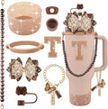 9PCS Brown for Stanley Cup Accessories Set Bling Initials Bow Charms for Stanley Decorations 30/40 Oz Tumbler Accessories Including Bow Straw Topper, Handle Strap, Spill Stopper（Letter T）