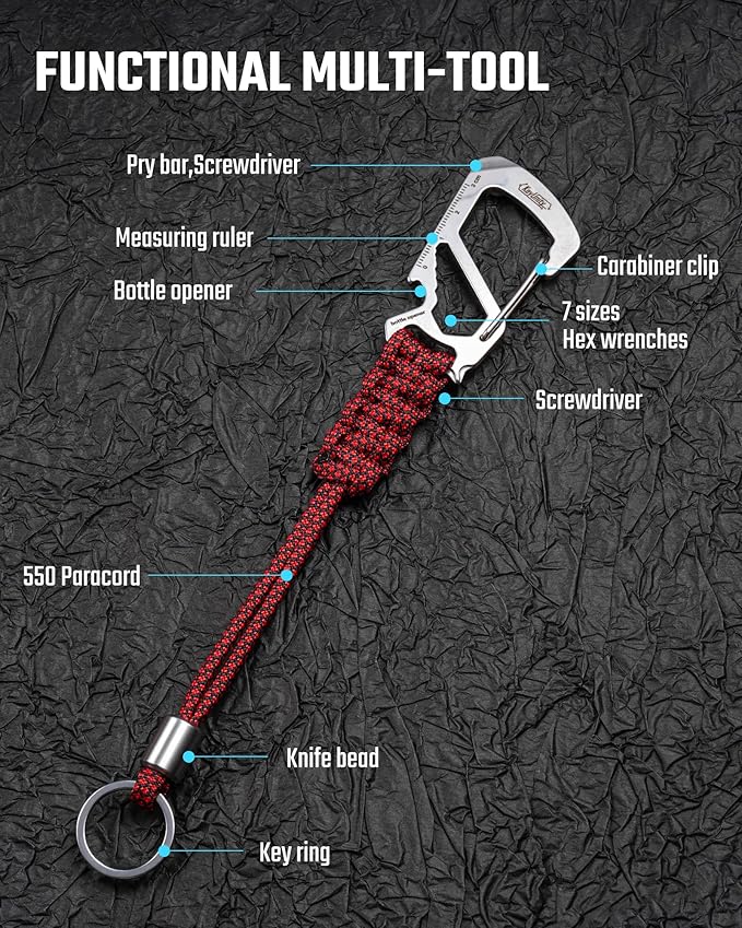 KeyUnity KC04 Paracord Keychain Carabiner Clip, Braided Lanyard with Stainless Steel Key Ring and Bead for Hanging Bottles