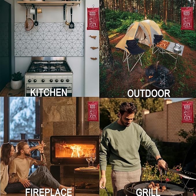 Emergency Fire Blanket for Home and Kitchen - 40"x40" Fire Retardant Blankets for Emergencies, Fireproof Survival Blanket for Kitchen, Fireplace, Grill, BBQ, Camping, Car, Office - 4 Pack