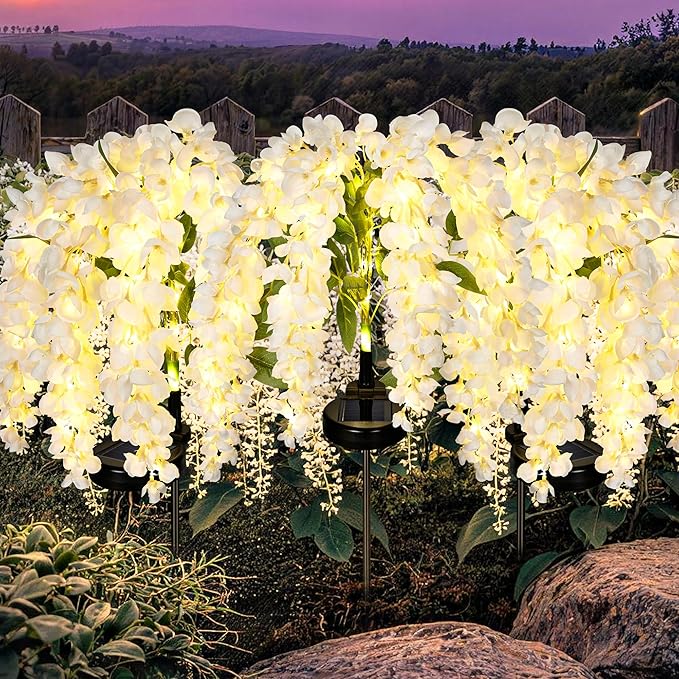 GIGALUMI Solar Lights Outdoor for Garden Decor, 3 Pack Solar Flower Lights Waterproof, 2 Lighting Modes Wisteria for Pathway,Yard, Patio Decoration, Gardening Gifts for Women (White)