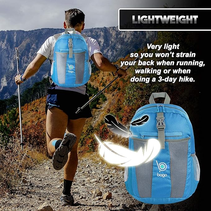 Bago Lightweight Small Hiking Backpack for Women and Men - 25L Travel Day Pack - Foldable Hiking Daypack Ultralight for Camping Outdoor Sports - Day Bag Packable Backpack for Travel (Blue)