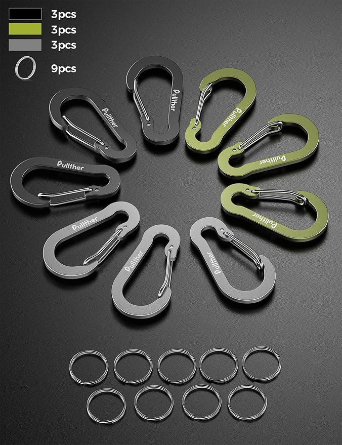 9PCS Carabiner Keychain Clip,2.7" Large Aluminum Carabiner Clips with 9PCS Stainless Steel Key Rings