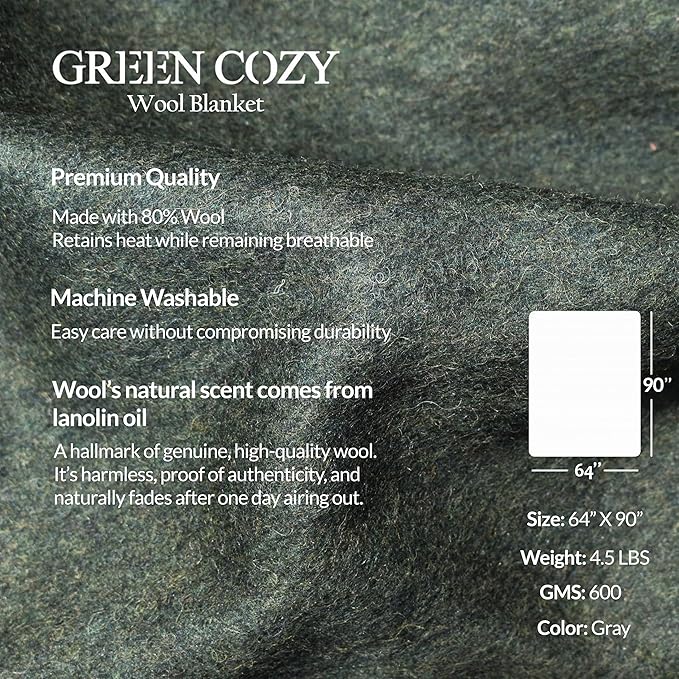 Military Style Wool Blanket – Cushioned, Breathable, Durable, Warm & Washable – Double-Stitched Border– Great for Camping, Outdoor, First Aid, Travel, Car, Fire Retardant – 64"x90" 4.7lb (Olive Green)