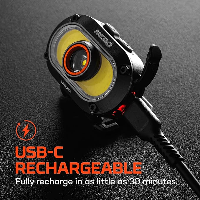 NEBO MYCRO 550+ Rechargeable Headlamp | 550 Lumens, 7 Light Modes, Water Resistant, Detachable Hat Clip, Super Bright Head Lamp for Camping & Hiking, Includes USB Charging Cable – Gray