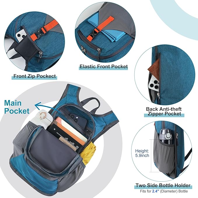 FIORETTO 10L Hiking Backpack for Women Men Mini Packable Backpack Lightweight Small Daypack for Camping Travel Outdoor, Turquoise