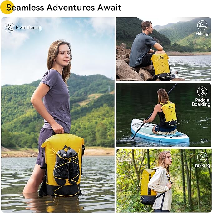 MARCHWAY Floating Roll Top Dry Bag, Flexible Lightweight TPU Waterproof Backpack 20L/30L/40L with Padded Straps for Boating, Kayaking, Swimming, Hiking, Beach (Yellow, 40L)