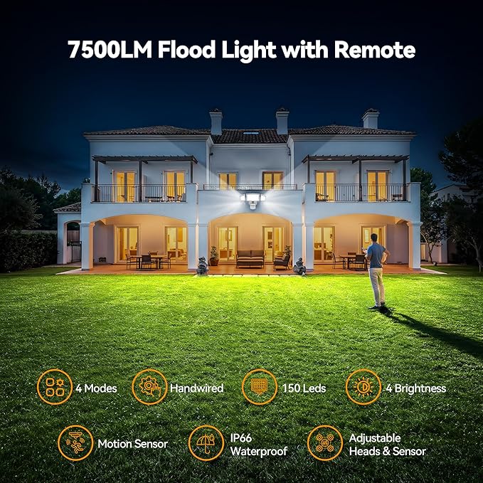 TECKNET 7500LM Motion Sensor Outdoor Lights, 150-LED 3-Head Security Light with Remote Control, 300°Wide Angle Flood Wall Lights with 4 Modes, IP66 Waterproof, Ideal for Garage, Patio, Yard