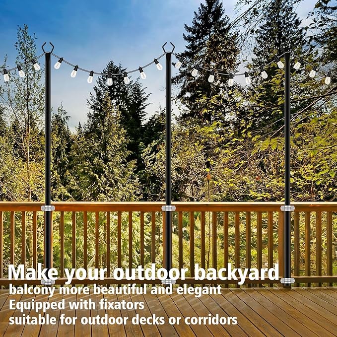AILBTON 10Ft String Light Poles 8 Pack,Light Poles for Outside Lights,Outdoor with Fence Brackets Hanging Lights,Metal Stand Deck Patio Backyard